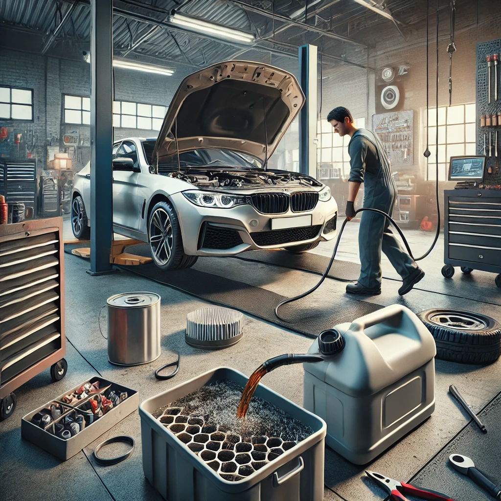 DALL·E 2024-10-08 11.06.06 - A detailed scene showing a car mechanic in a modern, well-lit garage. The mechanic is working on draining a car's gasoline tank using professional too