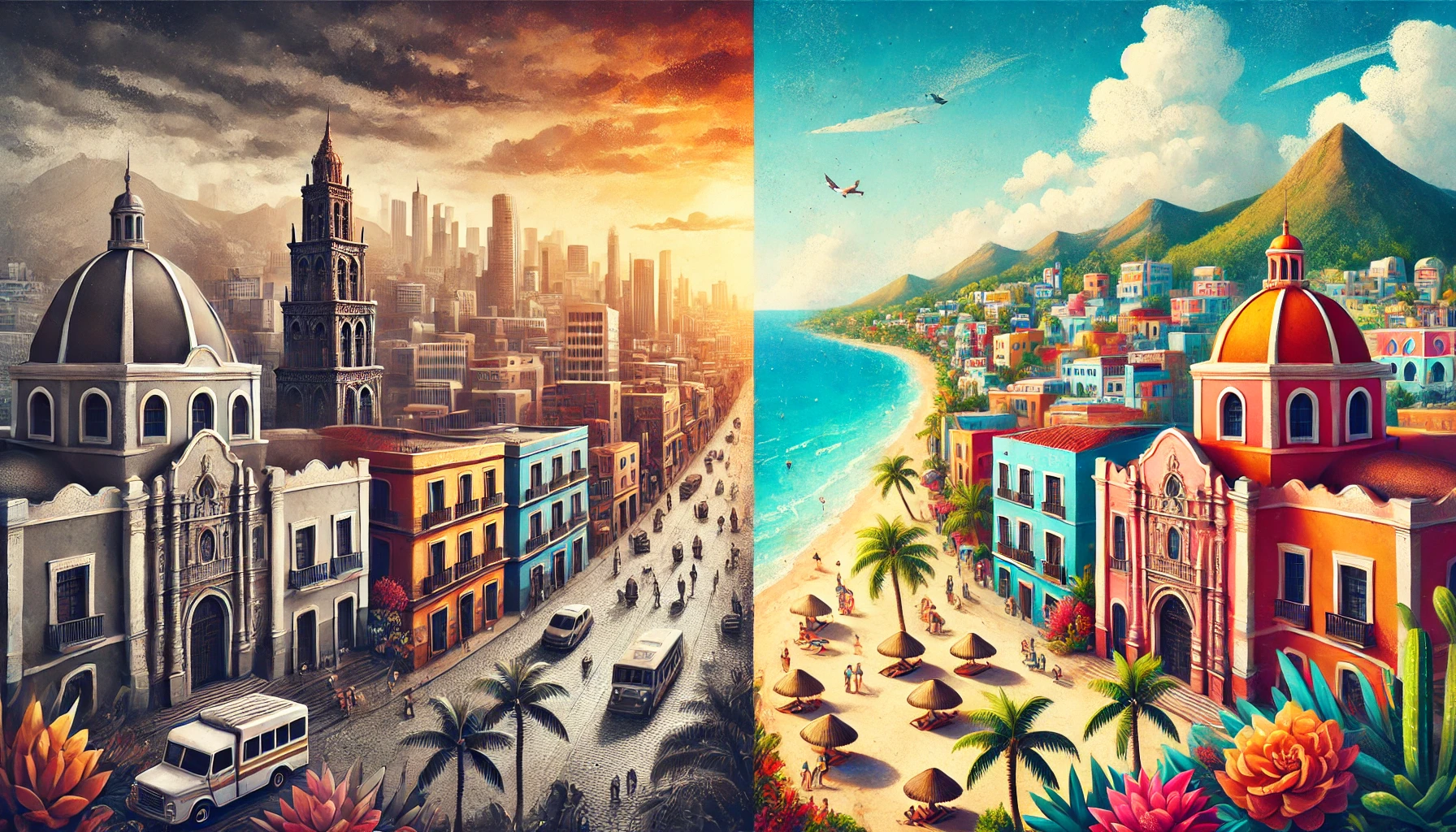 DALL·E 2024-11-12 18.00.59 - A split image showing two sides of travel destinations in Mexico, representing security levels. On the left, a city scene suggesting insecurity with m